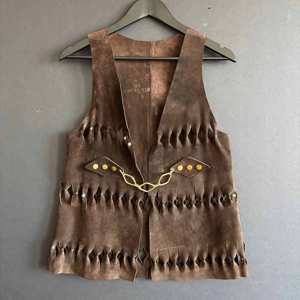 VTG Brown Suede Leather Western Cutout Fall Vest Made in Spain - Size M